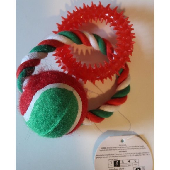 Holiday Time Ring N Ball Red & Green Chew Tug Of War Dog Toy - Stocking Stuffer - Picture 2 of 2